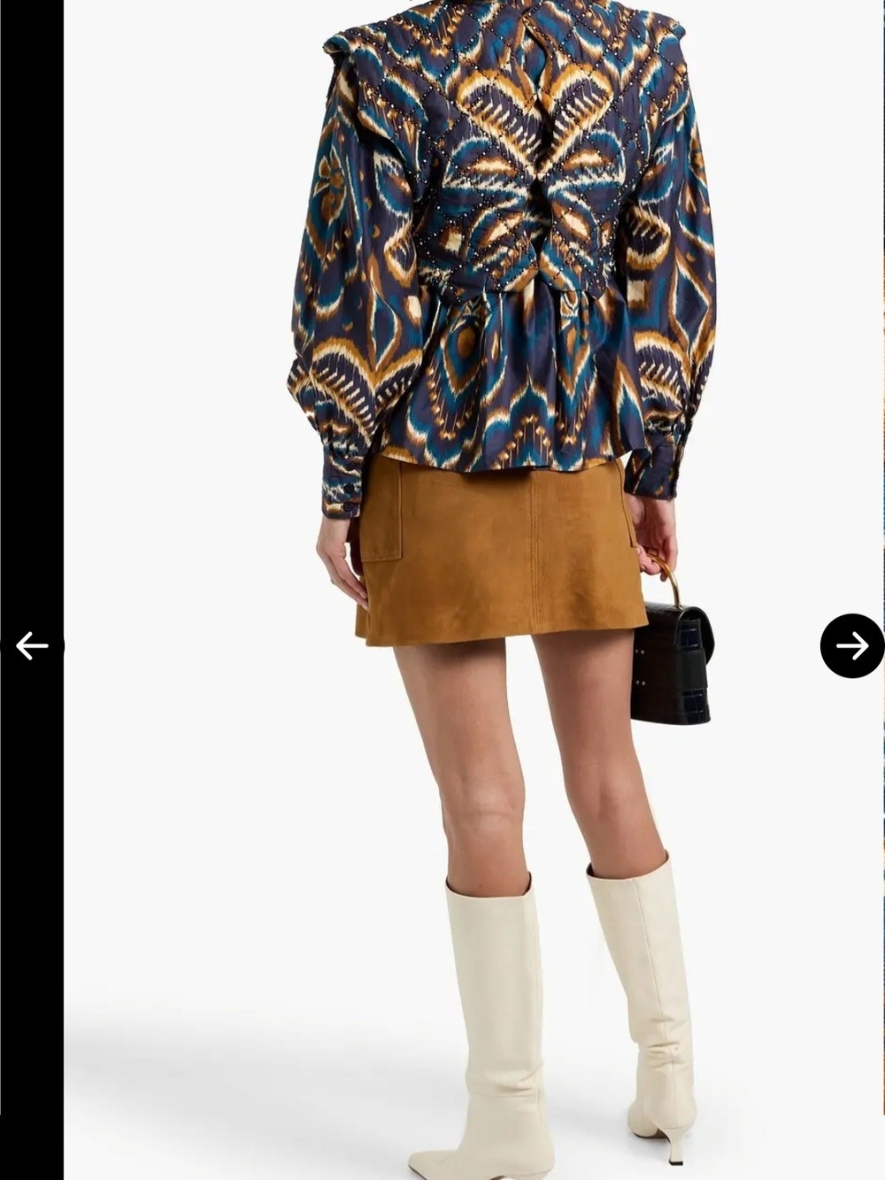 NWT size S FARM Rio Navy, Teal & Tan Ikat-Print Ruffled Shoulder Blouse - Picture 3 of 4